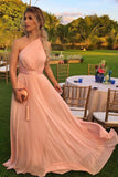 blush a line one shoulder flowy chiffon long bridesmaid dresses