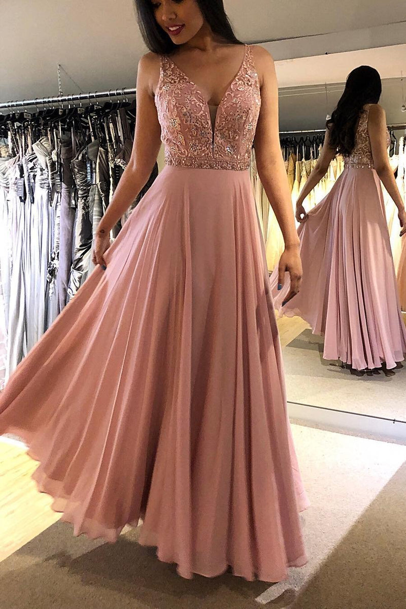 a line v neck prom dress blush chiffon long evening dress with beading