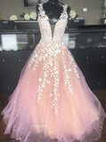 blush pink long party dress v neck applique prom wedding dress