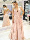 a line blush pink prom dress spaghetti tulle appliques formal dress