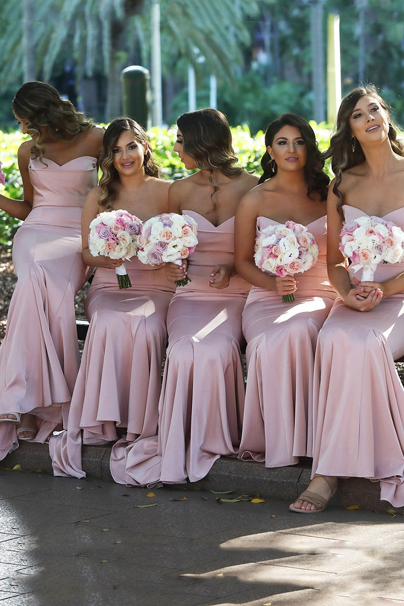 blush pink long bridesmaid dresses sweetheart mermaid with sweep train
