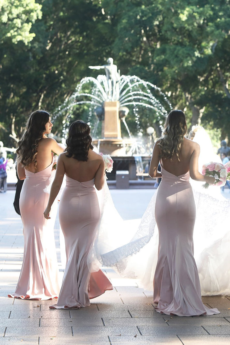 blush pink long bridesmaid dresses sweetheart mermaid with sweep train
