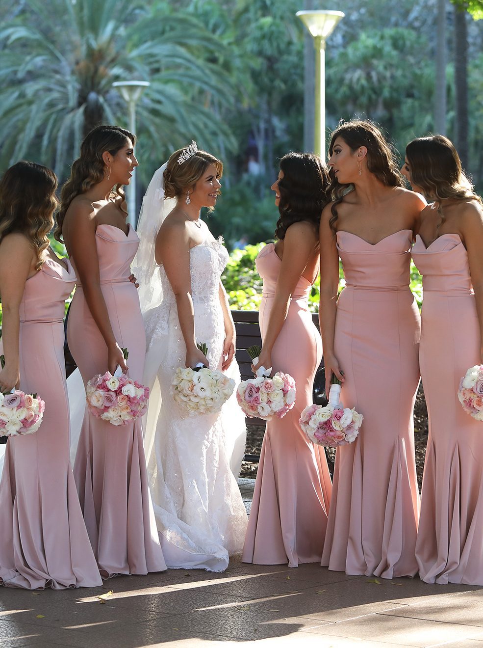 blush pink long bridesmaid dresses sweetheart mermaid with sweep train