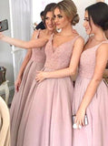 blush pink sequins bodice bridesmaid dresses satin a line v neck