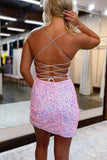 sparkly bodycon v neck straps pink sequins short tight homecoming dresses