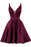 sleeveless v neck a line lace appliques short homecoming dresses satin short graduation gown