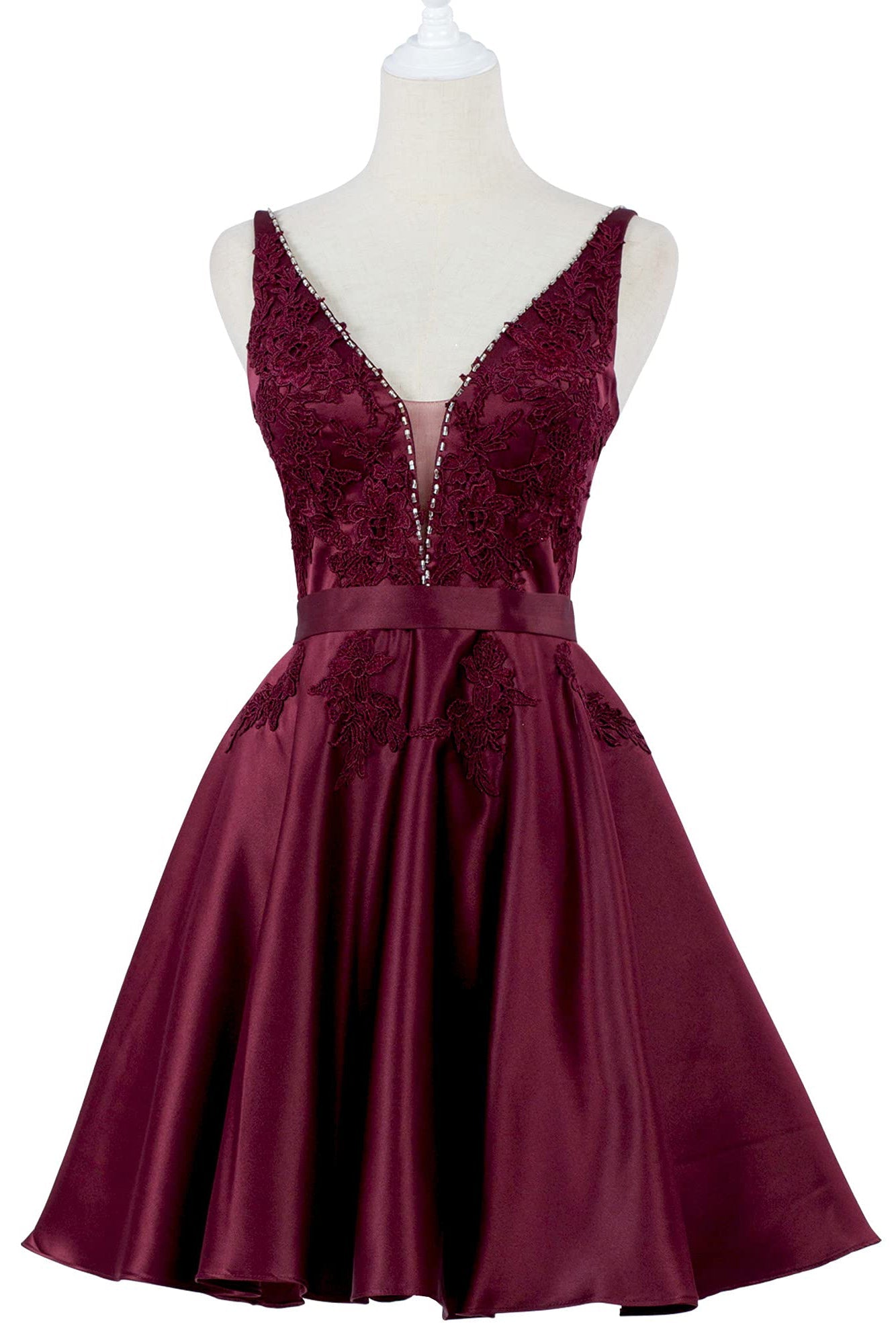 sleeveless v neck a line lace appliques short homecoming dresses satin short graduation gown