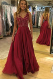 Burgundy A-line V Neck Chiffon Long Prom Dress with Sequins GP228