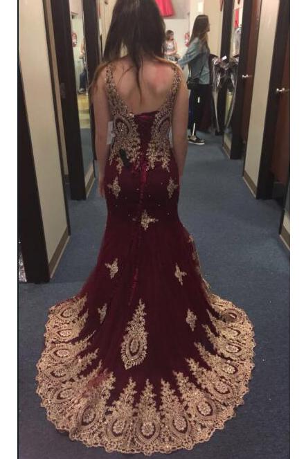 burgundy gold applique mermaid graduation party pageant dresses