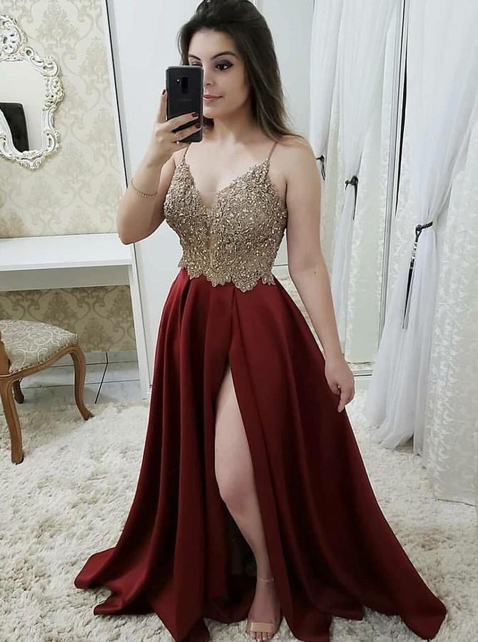 burgundy long prom dress a line spaghetti straps slit evening dress