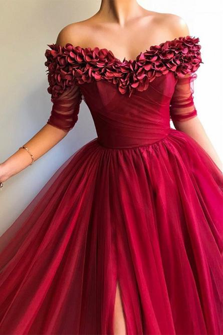 burgundy prom dress off shoulder half sleeves tulle with appliques dress