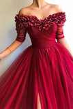 burgundy prom dress off shoulder half sleeves tulle with appliques dress
