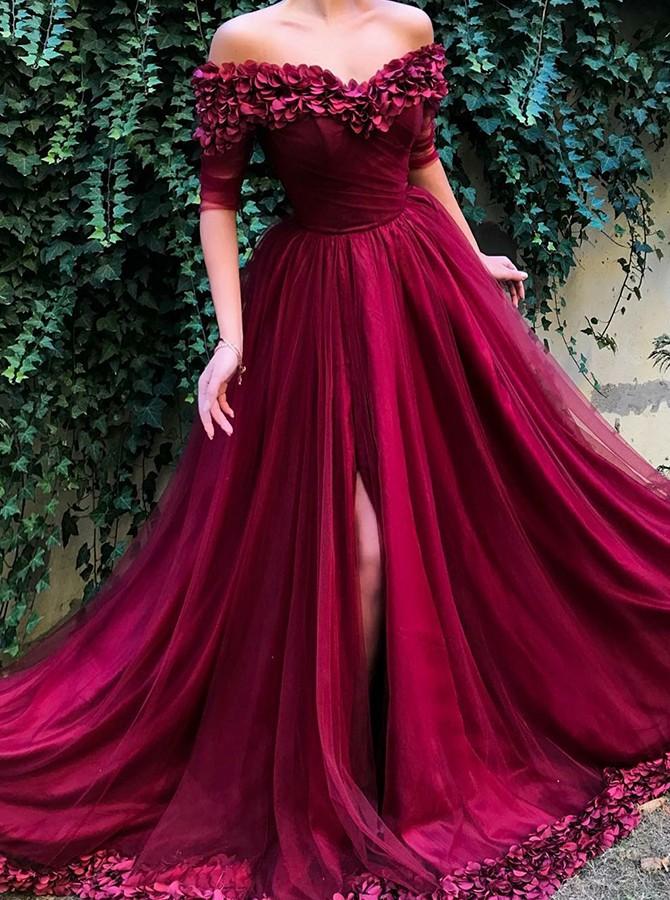 burgundy prom dress off shoulder half sleeves tulle with appliques dress