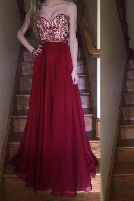 burgundy prom dress sweetheart beaded bodice chiffon long formal gown