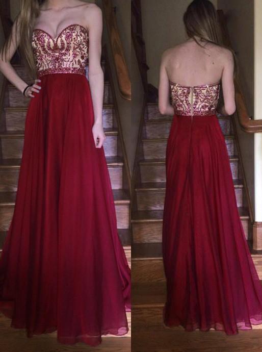 burgundy prom dress sweetheart beaded bodice chiffon long formal gown