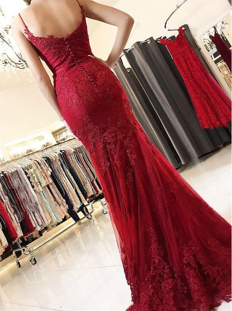 burgundy spaghetti straps mermaid trumpet long lace prom dress
