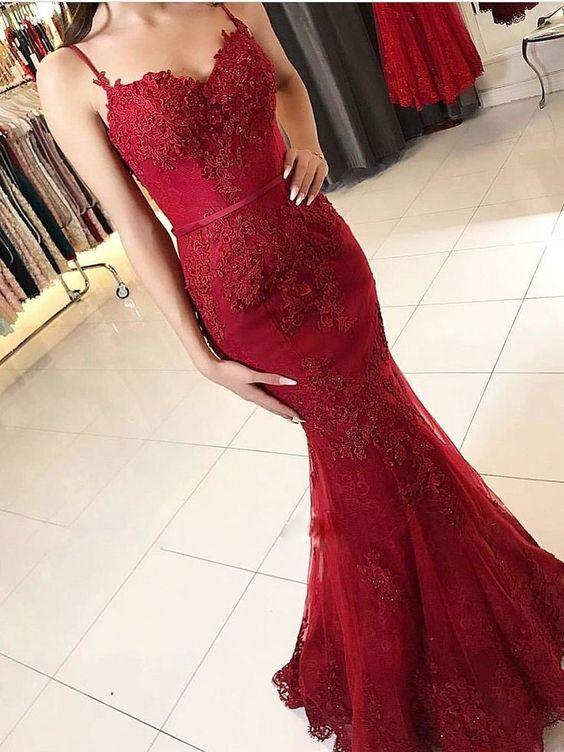 burgundy spaghetti straps mermaid trumpet long lace prom dress