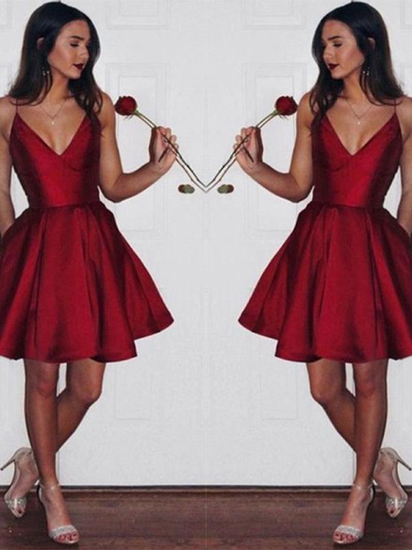 simple spaghetti straps v neck burgundy short prom dress with pockets