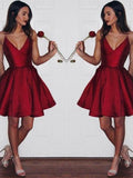 simple spaghetti straps v neck burgundy short prom dress with pockets