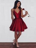 Simple Spaghetti Straps V-neck Burgundy Short Prom Dress with Pockets MP1080