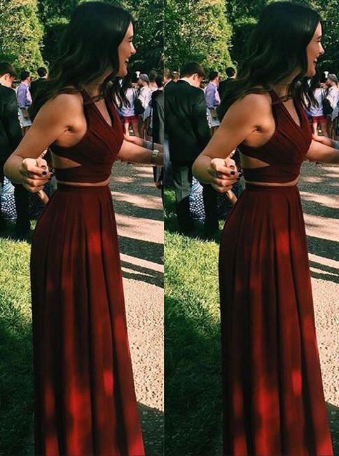 burgundy two piece long prom dress chiffon evening gowns