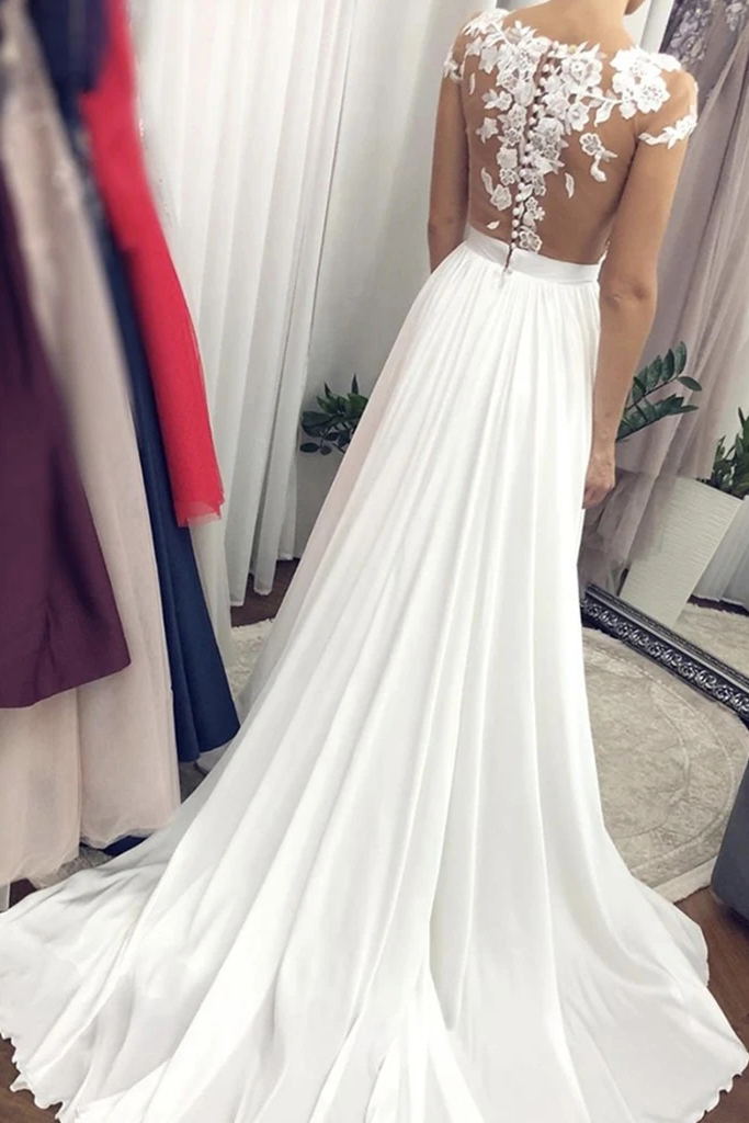 cap sleeves white lace beach wedding dress chiffon boho bridal gown with split
