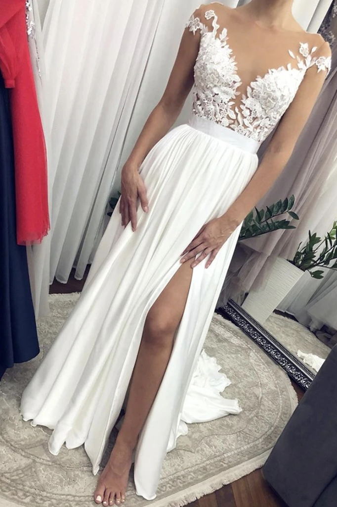 cap sleeves white lace beach wedding dress chiffon boho bridal gown with split