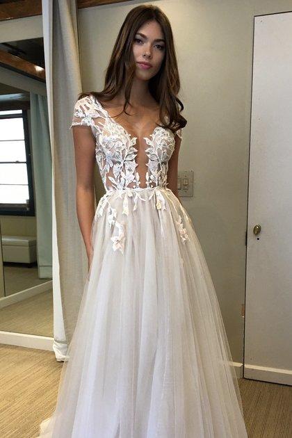cap sleeve a line lace tulle long backless prom dress slit evening dress
