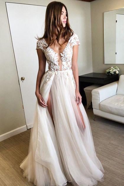 cap sleeve a line lace tulle long backless prom dress slit evening dress