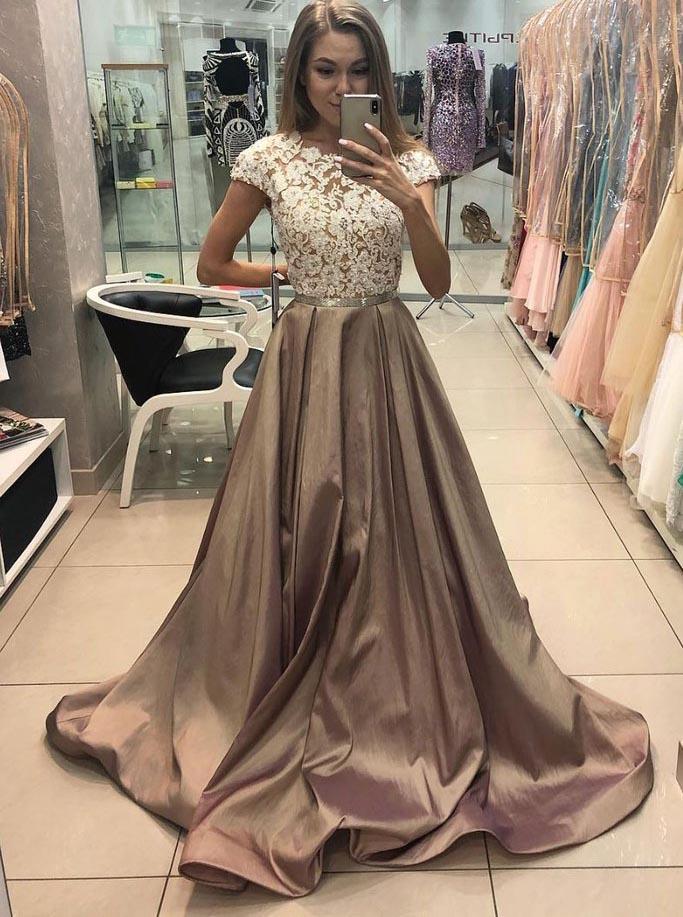 cap sleeves long prom dress satin lace appliques formal gown