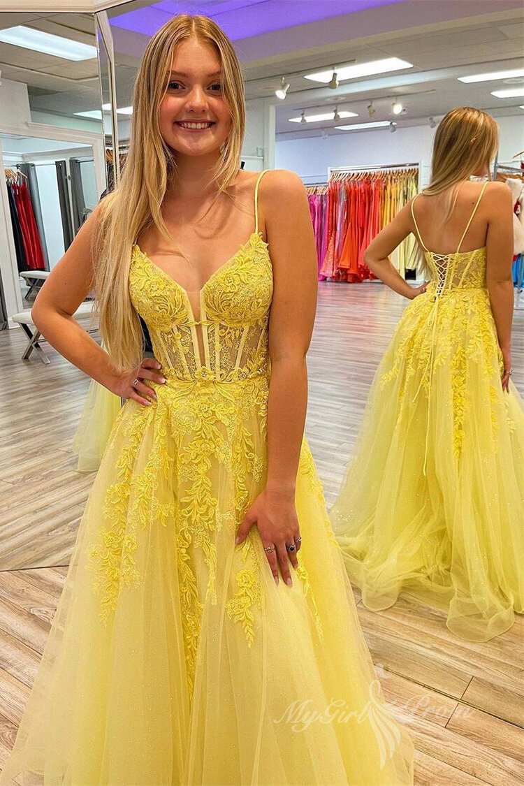 charm a line v neck yellow appliques tulle prom dresses with lace up
