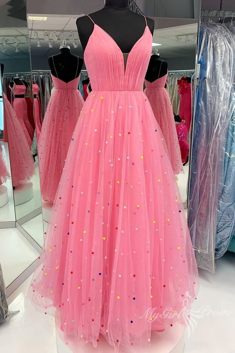 charming a line pink tulle long prom dress long formal dresses