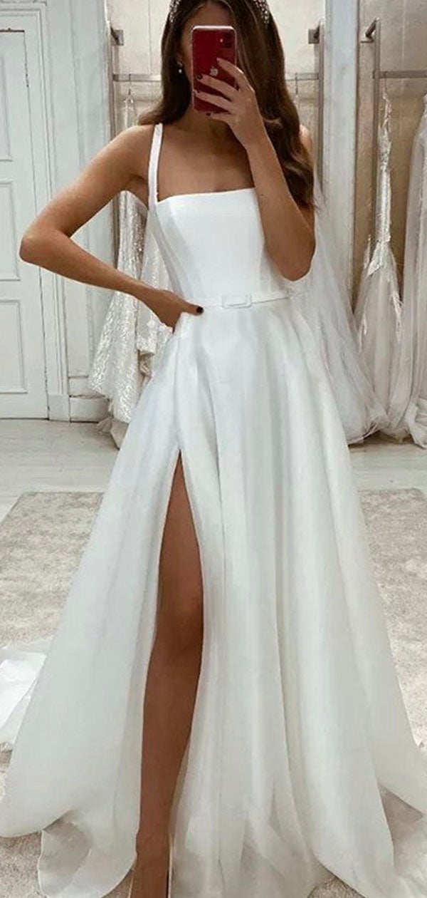 charming white a line beach long wedding dresses simple slit wedding dress