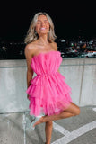 Hot Pink Tiered Tulle A-line Homecoming Dresses, Chic Strapless Short Party Dress GM535