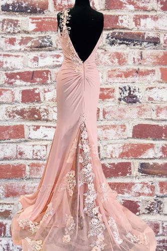 charming backless long pink prom dress mermaid evening gown with split