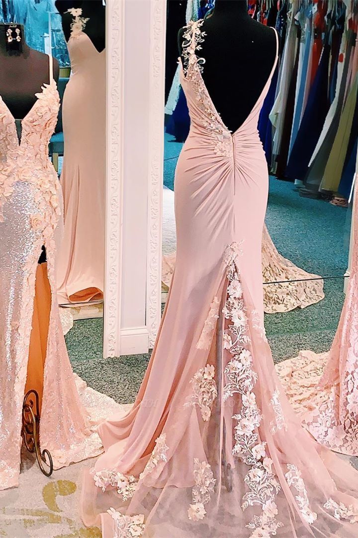 charming backless long pink prom dress mermaid evening gown with split