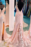 charming backless long pink prom dress mermaid evening gown with split