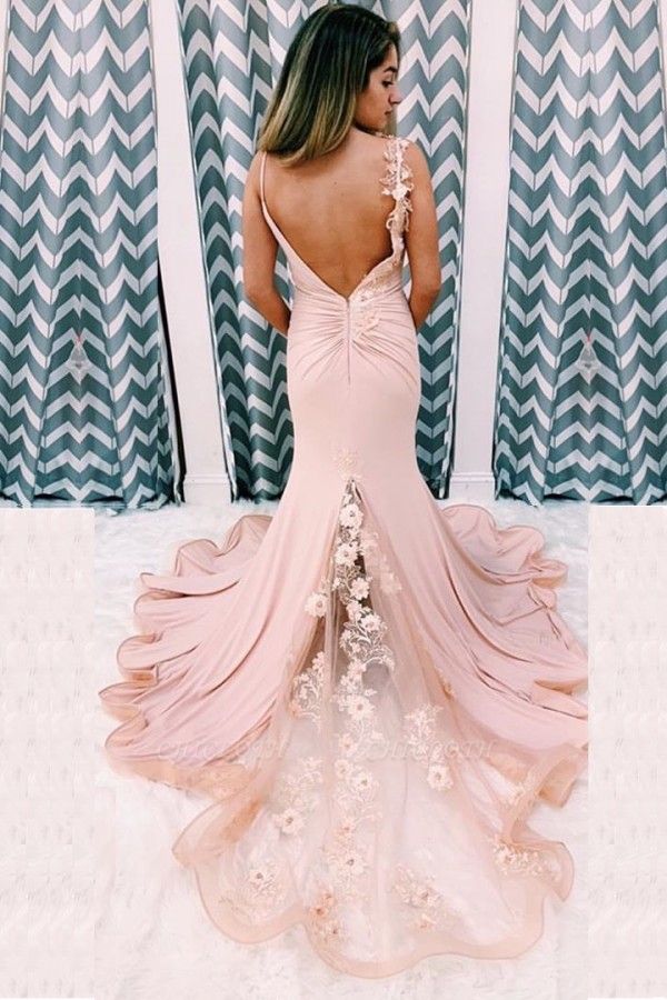 charming backless long pink prom dress mermaid evening gown with split