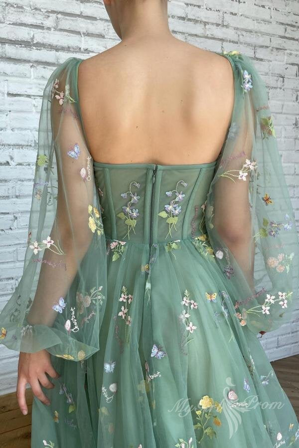 charming floral prom dress ankle length a line long sleeves party gown