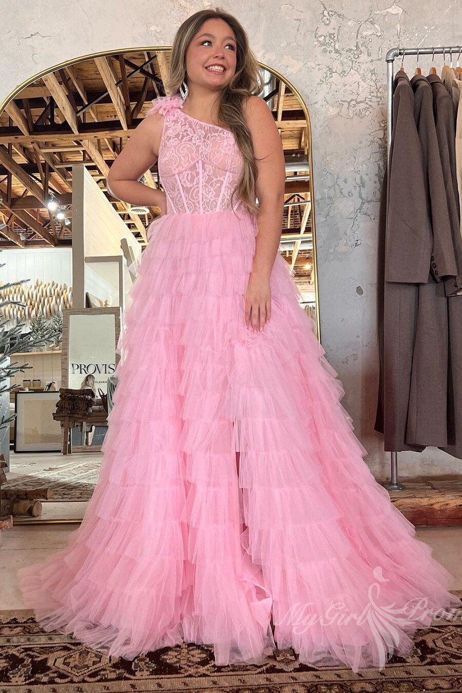 charming one shoulder tulle black ruffles lace long prom dresses with slit