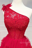 charming one shoulder tulle black ruffles lace long prom dresses with slit