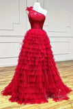 charming one shoulder tulle black ruffles lace long prom dresses with slit
