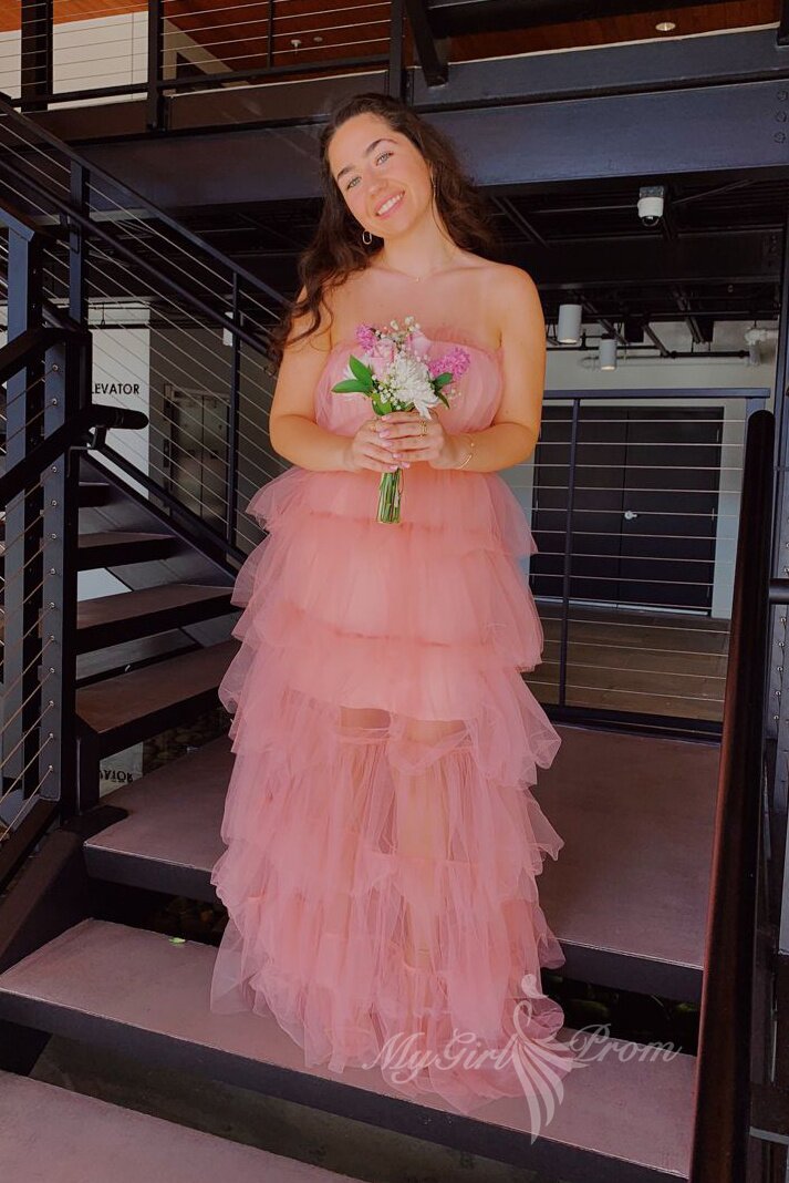 charming pink tulle layered prom dress strapless sleeveless evening gown