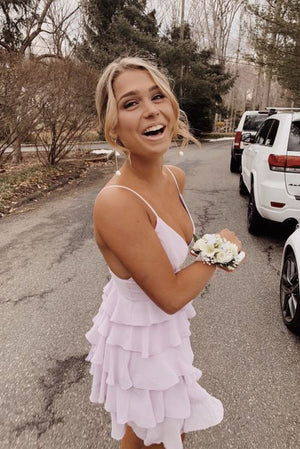 charming spaghetti straps chiffon mini party dress simple tiered homecoming dress