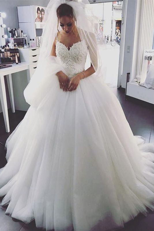 charming tulle white spaghetti straps ball gown wedding dress