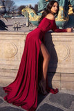 charming burgundy off the shoulder long sleeves prom dress with slit