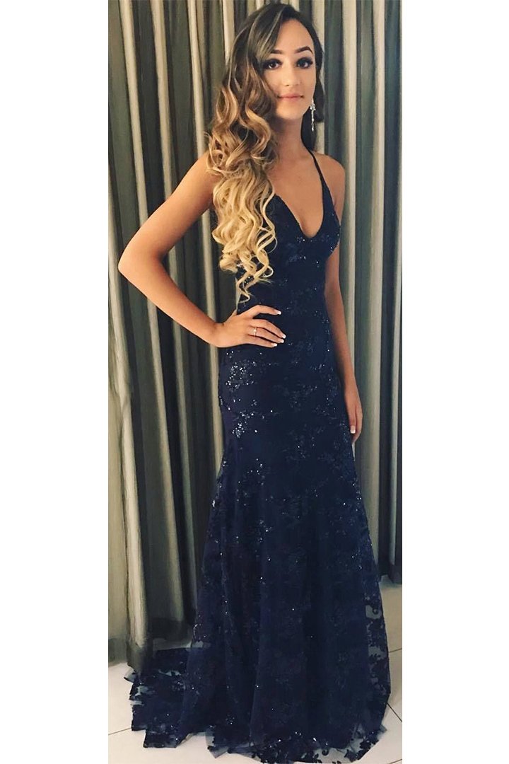 charming dark blue lace prom dress backless mermaid evening gown dress