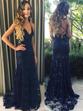 Charming Dark Blue Lace Prom Dress Backless Mermaid Evening Gown Dress MP813