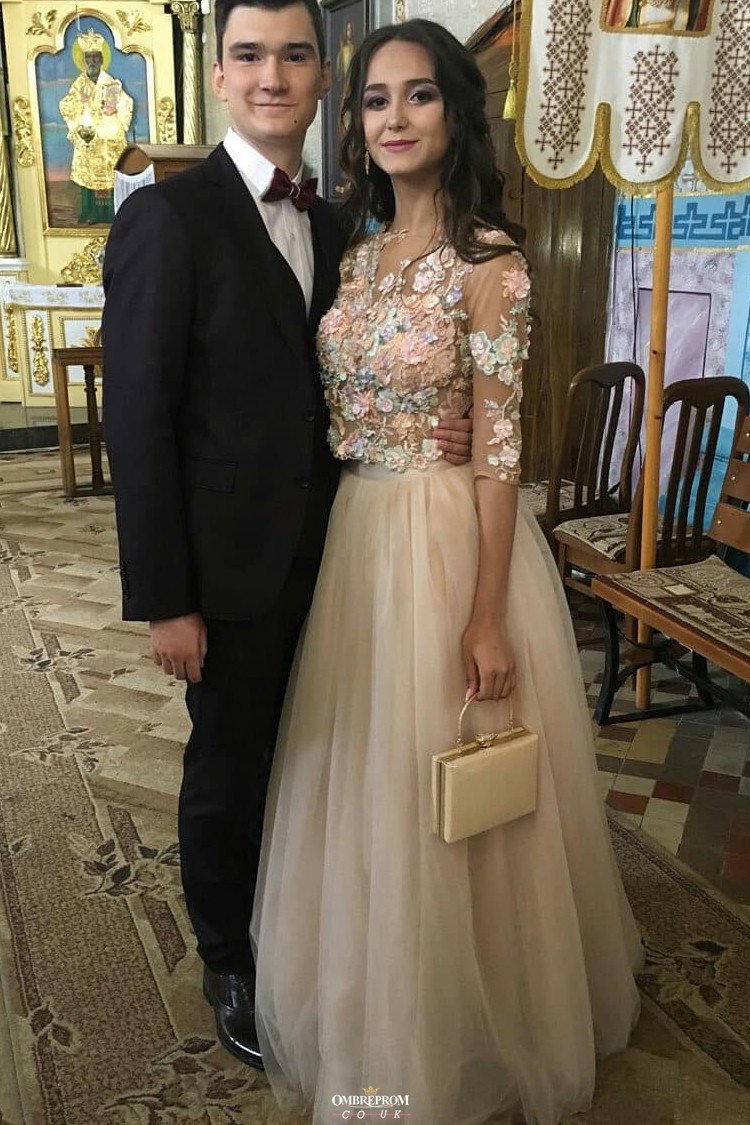 charming floral appliques long prom dresses with 3 4 sleeves