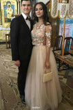 charming floral appliques long prom dresses with 3 4 sleeves